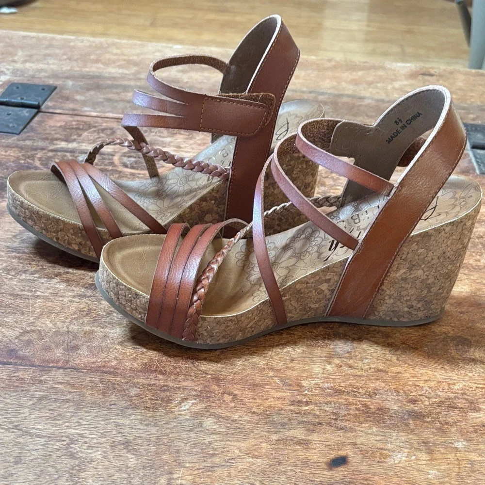 Brown Strappy Wedge Sandals with Cork Platform - Picture 3 of 6